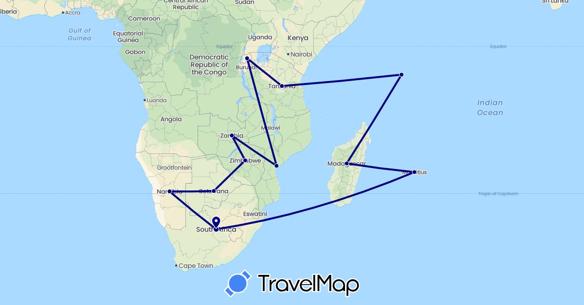 TravelMap itinerary: driving in Botswana, Madagascar, Mauritius, Mozambique, Namibia, Rwanda, Seychelles, Tanzania, Zambia, Zimbabwe (Africa)